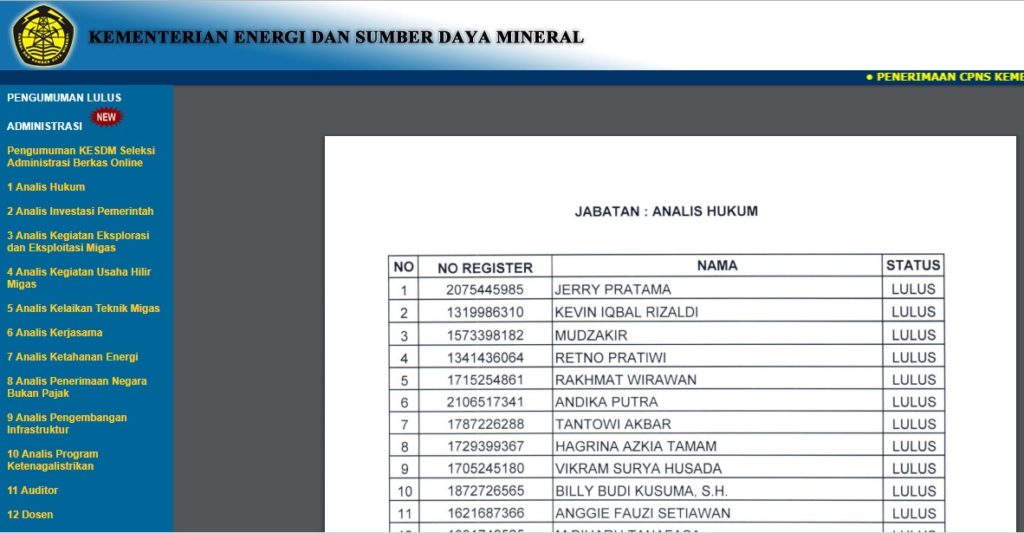 Daftar Nama Lulus Administrasi CPNS Kementerian ESDM 2017 ...